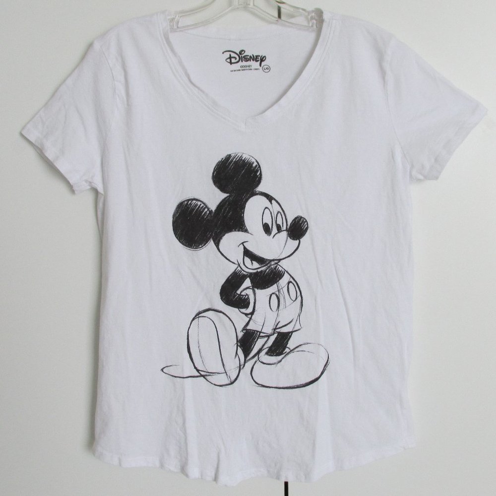 Disney Mickey Mouse Black Sketch Drawing White Cotton Tee T-Shirt Size Large